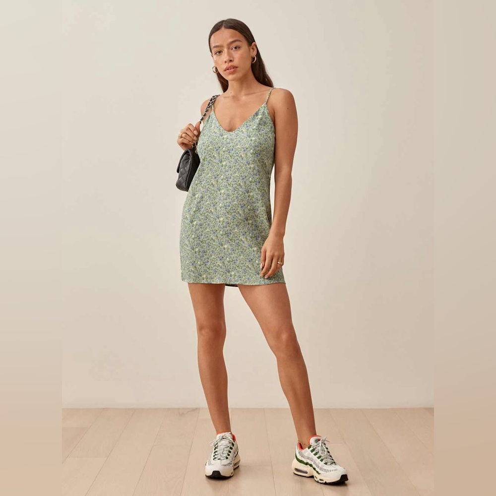 Reformation Green Floral Mini Slip Dress